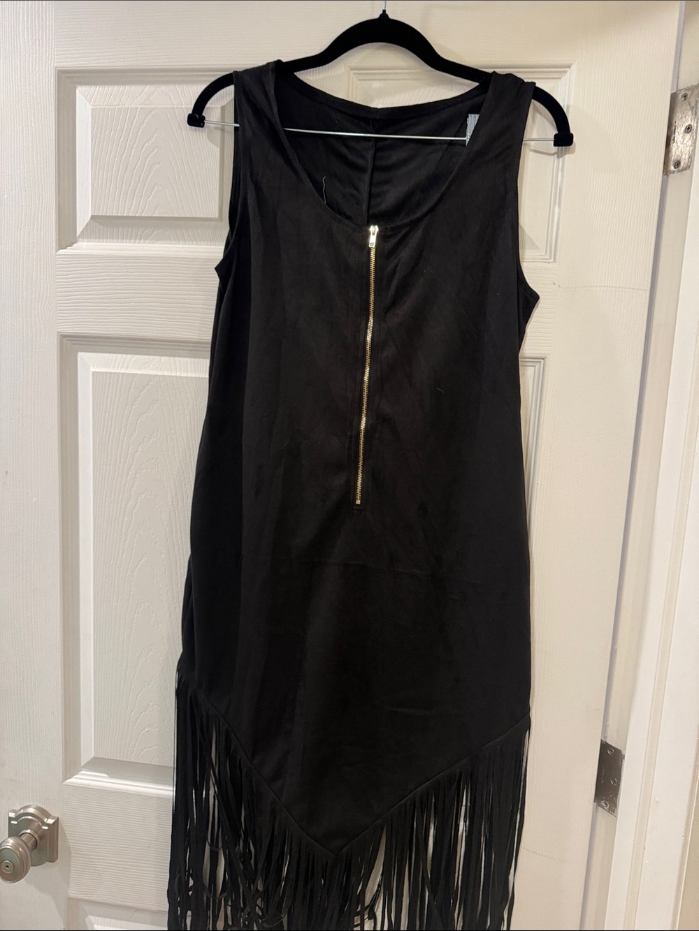 Black Sleeveless Fringe Dress with Front Zip
